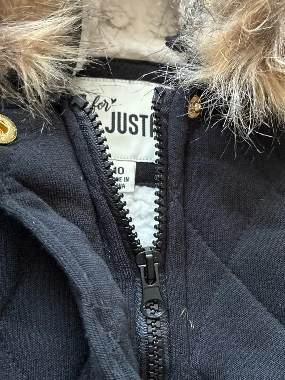 Justice Quilted Black Hooded Puffer Coat with Faux Fur Trim